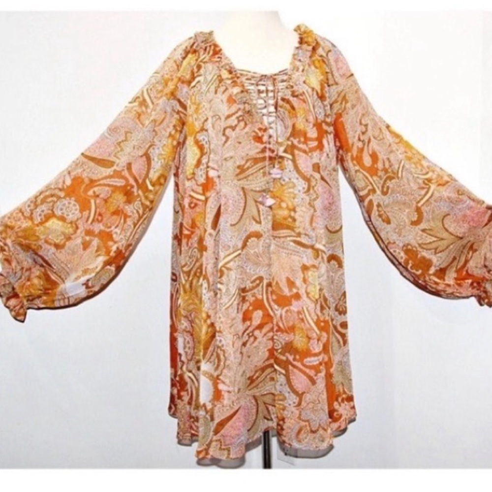 House of Harlow Balloon Sleeve Lace Up Chiffon Mini Dress Blouse Top